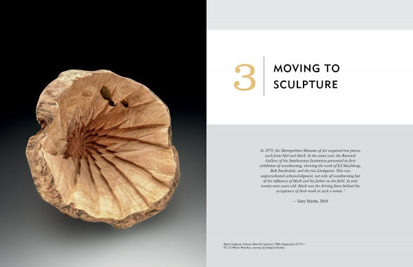 A two-page book spread from *The Lindquist Legacy* by Schiffer Publishing, Ltd.: Left, a carved wooden sculpture; right, text reads 3 MOVING TO SCULPTURE with a Terry Martin (2010) quote about sculpture on white and gray background.