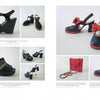 A catalog spread displays six pairs of The Fashion Shoe by Schiffer Publishing, Ltd. in black and red, each with unique designs, plus a small red handbag with a gold chain strap, all set against a plain white background.
