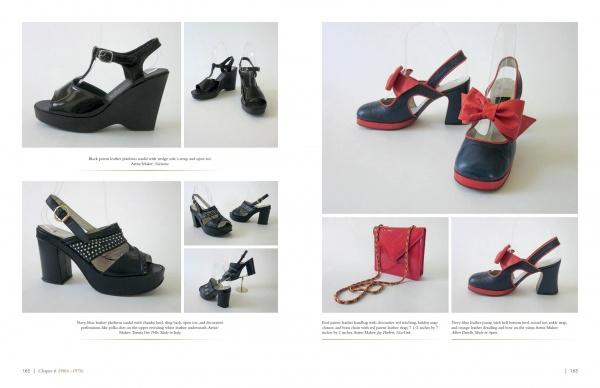 A catalog spread displays six pairs of The Fashion Shoe by Schiffer Publishing, Ltd. in black and red, each with unique designs, plus a small red handbag with a gold chain strap, all set against a plain white background.