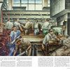 A mural of men working in a mailroom, surrounded by equipment, reflects WPA Moderne style. Featured in "WPA Buildings" by Schiffer Publishing, Ltd., it evokes the Works Progress Administration era with light-filled scenes of sorting and moving mail.