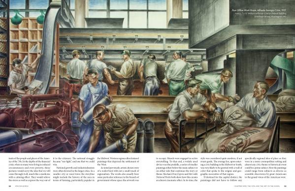 A mural of men working in a mailroom, surrounded by equipment, reflects WPA Moderne style. Featured in "WPA Buildings" by Schiffer Publishing, Ltd., it evokes the Works Progress Administration era with light-filled scenes of sorting and moving mail.