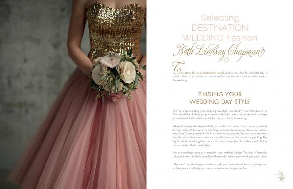 A woman in a gold sequin bodice and pink tulle skirt holds white flowers. Beside her, elegant text introduces Schiffer Publishing, Ltd.'s "The White Dress Destinations," your bespoke guide to wedding style and destination planning.