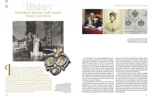 A magazine spread titled "Beyond Fabergé" by Schiffer Publishing, Ltd. features Friedrich Köchli, Russian Grand Dukes, historical portraits, royals in a lavish room, and Romanov treasures like jeweled lockets with miniatures.