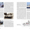 Two pages from "American Fireboats" by Schiffer Publishing, Ltd. feature text about the Coast Guard, four black-and-white and color photos of fire and rescue boats, and a technical drawing of a marine firefighting vessel in the lower right corner.
