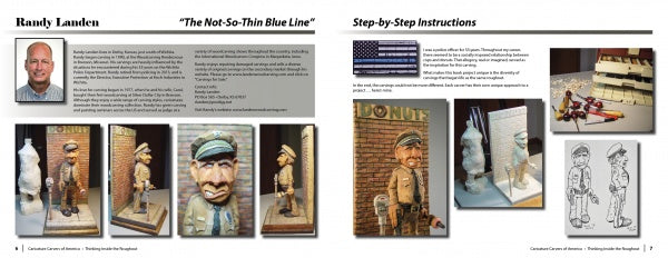 A magazine spread for "Thinking Inside the Roughout" by Schiffer Publishing, Ltd. showcases a man, police officer woodcarvings in progress and finished, step-by-step carving instructions, sketches, tools, and materials.