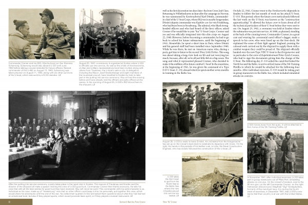 A two-page spread from "German U-Boat Ace Peter Cremer" by Schiffer Publishing, Ltd. displays black-and-white photos of military personnel, warships, and the U-333 submarine in a balanced, organized layout.