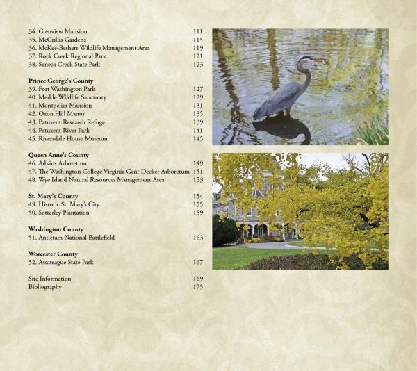 In "Maryland's Public Gardens & Parks" by Schiffer Publishing, Ltd., a table of contents lists sites next to page numbers; photos show a heron in water at a Maryland garden, and a yellow-leaved tree partly hides a grand columned building.