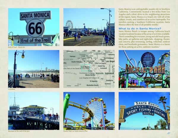A vibrant collage from "Pier Pressure: California Piers from San Diego to San Francisco" by Schiffer Publishing, Ltd., featuring Santa Monica icons like the Route 66 sign, Pacific Park rides, beach views, and the famous Yacht Harbor sign.