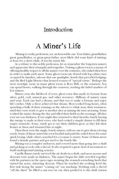 A book page from Ghost Towns of the Rockies by Schiffer Publishing, Ltd. describes mining as risky but honorable, reflecting on miners’ rags-to-riches stories and family histories in a serif font.