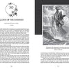 An open spread from Ghosts, Legends, and Lore of the Rockies by Schiffer Publishing, Ltd. shows the "Queen of the Damned" chapter title, text and excerpt on the left, and a black-and-white illustration of a hooded woman in the Rockies on the right with a caption.