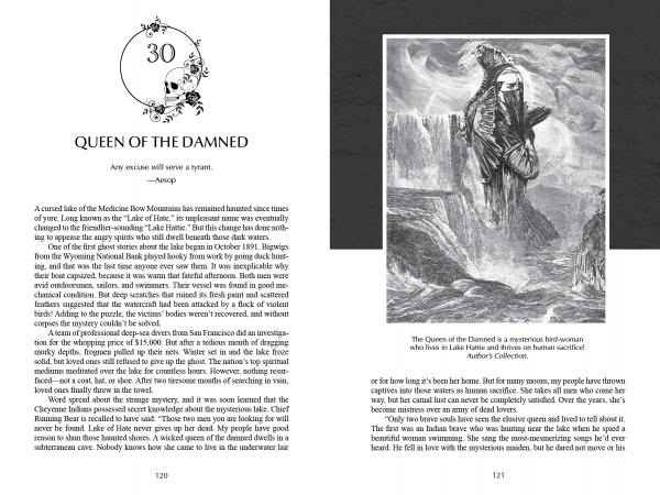 An open spread from Ghosts, Legends, and Lore of the Rockies by Schiffer Publishing, Ltd. shows the "Queen of the Damned" chapter title, text and excerpt on the left, and a black-and-white illustration of a hooded woman in the Rockies on the right with a caption.