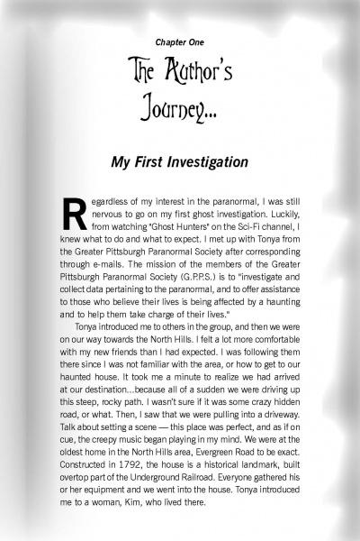 A book page titled Pittsburgh Ghosts by Schiffer Publishing, Ltd. The opening paragraph, starting with a large R, details the author's nerves before their first Pittsburgh ghost hunt with the Greater Pittsburgh Paranormal Society.