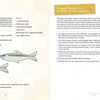 Two cookbook pages from "Meet Me in My Cape Cod Kitchen" by Schiffer Publishing, Ltd. feature seaside recipes: Breaded Cod Fillet with fish art, and Steamed Mussels in Garlic Broth with Tomatoes, plus a photo of mussels in a blue dish.