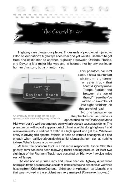 A page from Haunted Highways and Ghostly Travelers by Schiffer Publishing, Ltd. features the title The Crazed Driver, a photo of a Daytona Beach highway sign, and tales of haunted Florida roads with phantom drivers.
