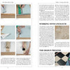 A spread from "Floor Cloths, Quilts, and Pages" by Schiffer Publishing, Ltd. features step-by-step canvas enlargement photos, linoleum tips, tool demonstrations, and colorful geometric art with painted floor cloths for home decor inspiration.