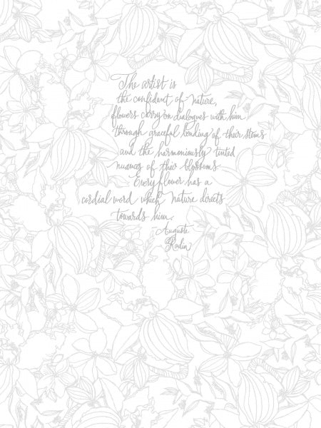 The Painterly Days by Schiffer Publishing, Ltd. features a handwritten quote framed by delicate gray floral sketches of flowers and leaves on a white watercolor paper background.