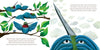 A blue and green bird with a red chest practices flying on tree branches in SOAR by Schiffer Publishing, Ltd. On the right, a close-up shows the worried bird peeking over its wings against clouds, depicting a children’s tale of overcoming fear.