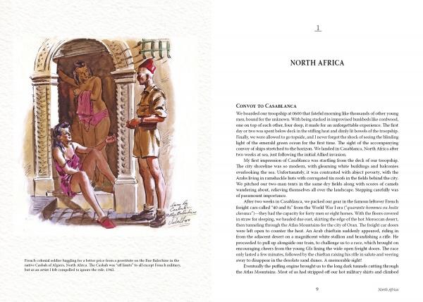 A watercolor from An Artist at War (Schiffer Publishing, Ltd.) by WWII artist Ed Vebell depicts a sailor buying fruit from a woman in a doorway, with text about a convoy to Casablanca under the North Africa heading.