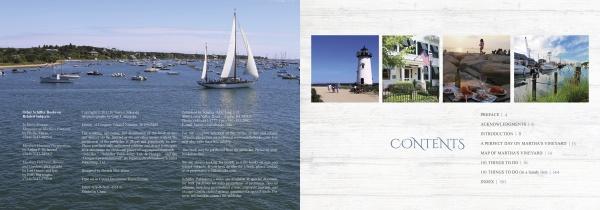 A two-page spread from "101 Things to Do in Martha’s Vineyard" (Schiffer Publishing, Ltd.) shows sailboats on a calm harbor and a to-do list on the left, with four small photos and a contents list on white wood on the right, as a visual guide.