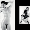Two black and white photos from "Objects of Desire" by Schiffer Publishing, Ltd.: left, a woman models transparent latex gloves and lingerie; right, another showcases a black latex dress while seated on a modern white chair.