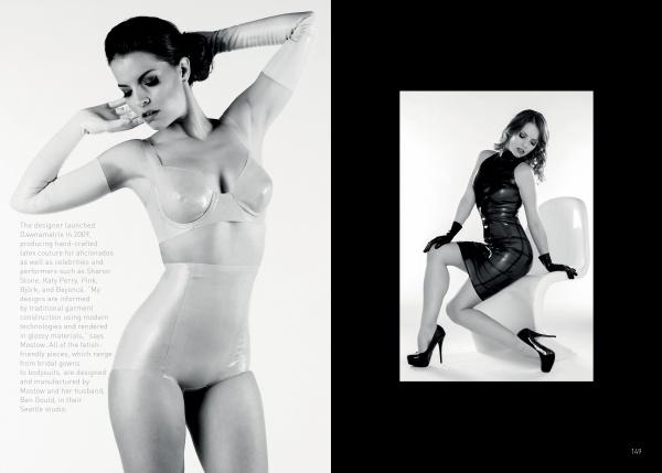 Two black and white photos from "Objects of Desire" by Schiffer Publishing, Ltd.: left, a woman models transparent latex gloves and lingerie; right, another showcases a black latex dress while seated on a modern white chair.