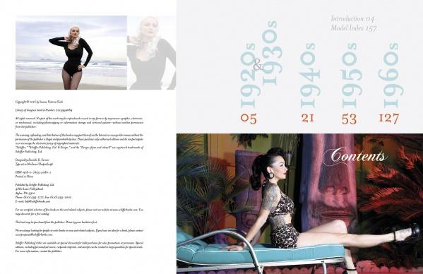 A two-page Kittens and Kulture spread from Schiffer Publishing, Ltd. features a vintage model in black swimsuits—standing on the beach and lounging poolside. The right page shows "Contents" over the poolside photo, plus decades and numbers.