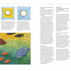 A book spread from "Play-of-Color Quilting" by Schiffer Publishing, Ltd. displays reverse appliqué techniques with a quilted scene of fabric fish on a green-yellow background and samples in blue and yellow squares.
