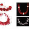 A two-page spread in "Art Jewelry Today 4" by Schiffer Publishing, Ltd. showcases Patricia Alvarez's red and silver necklaces, a red beaded bracelet, a coral-inspired necklace, and red earrings with details in small text.