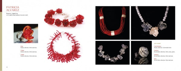 A two-page spread in "Art Jewelry Today 4" by Schiffer Publishing, Ltd. showcases Patricia Alvarez's red and silver necklaces, a red beaded bracelet, a coral-inspired necklace, and red earrings with details in small text.