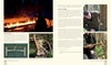A spread from "Wilderness Axe Skills and Campcraft" by Schiffer Publishing, Ltd. shows outdoor survival: sitting by a night campfire, carving with a knife, tool displays, and using a saw on a tree—all illustrating bushcraft and campcraft techniques.