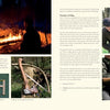 A spread from "Wilderness Axe Skills and Campcraft" by Schiffer Publishing, Ltd. shows outdoor survival: sitting by a night campfire, carving with a knife, tool displays, and using a saw on a tree—all illustrating bushcraft and campcraft techniques.