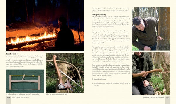 A spread from "Wilderness Axe Skills and Campcraft" by Schiffer Publishing, Ltd. shows outdoor survival: sitting by a night campfire, carving with a knife, tool displays, and using a saw on a tree—all illustrating bushcraft and campcraft techniques.