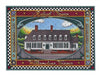 Illustration of Raleigh Tavern with white doors, gray roof, and red chimneys, framed by “Williamsburg, Virginia” and “Established 1717”—a great souvenir from Williamsburg A-Z by Schiffer Publishing, Ltd.