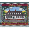 Illustration of Raleigh Tavern with white doors, gray roof, and red chimneys, framed by “Williamsburg, Virginia” and “Established 1717”—a great souvenir from Williamsburg A-Z by Schiffer Publishing, Ltd.