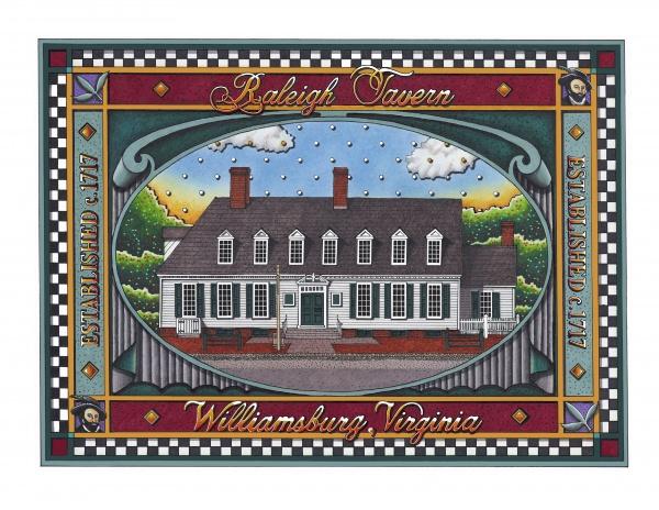 Illustration of Raleigh Tavern with white doors, gray roof, and red chimneys, framed by “Williamsburg, Virginia” and “Established 1717”—a great souvenir from Williamsburg A-Z by Schiffer Publishing, Ltd.