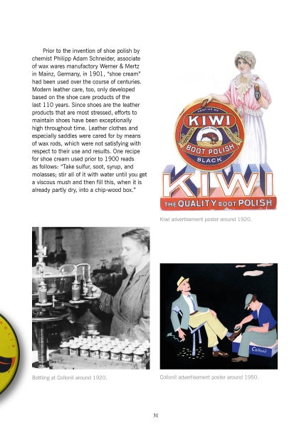 A page from the "Leather Care Compendium" by Schiffer Publishing, Ltd. shows vintage Kiwi boot polish ads, shoe polish history, illustrations of people using saddle soap for leather care, and a woman holding a shoe.