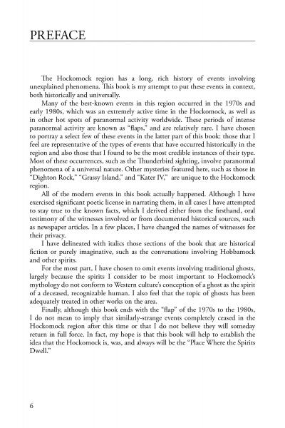 The PREFACE page of Hockomock (Schiffer Publishing, Ltd.) presents printed text on unexplained phenomena and ghost sightings in the Bridgewater Triangle’s Hockomock region, outlining the book’s purpose to document this paranormal activity.