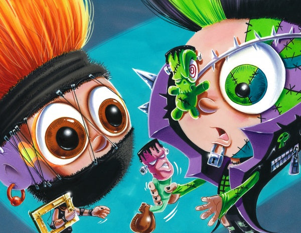 Two cartoon punks with spiked hair, big eyes, and exaggerated expressions face off, echoing the quirky style of The Sweet Rot, Book 2 by Schiffer Publishing, Ltd.—a series that feels straight out of young adult fiction.