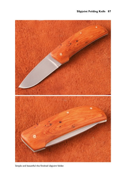 Two images of "Pocketknife Making for Beginners" by Schiffer Publishing, Ltd. show a slip-joint folding pocketknife with a polished wooden handle and stainless steel blade, displayed open and closed on a textured brown surface.