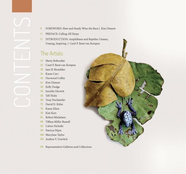 The table of contents in "Reptiles & Amphibians in Contemporary Art" by Schiffer Publishing, Ltd. features a large leaf with a blue poison dart frog partially hidden beneath it, contents on the left, and artist names on the right.