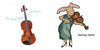 On the left, a violin appears with "Do you hear a violin?" On the right, a rabbit in a green dress—one of many animal musicians from Schiffer Publishing's "What Do You Hear?"—plays violin with "twiny-twin!" nearby.