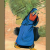A person in blue and red struggles to carry a large bundle of sticks along a dirt path. The card, labeled 10 of Wands, is from the Tarot of the Moors by Schiffer Publishing, Ltd.