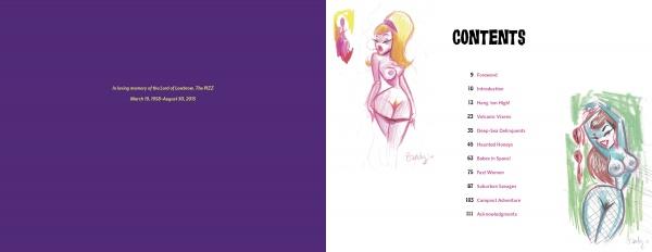 A spread from She's a Wildcat! by Schiffer Publishing, Ltd. shows a purple dedication page on the left, and a CONTENTS page on the right with a pop surrealist hand-drawn woman in lingerie alongside a vertical table of contents.
