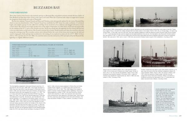A two-page spread from "Massachusetts Lighthouses and Lightships" by Schiffer Publishing, Ltd. features text on Buzzards Bay and Vineyard Sound lightships, historic ship photos, lighthouse images, and a table of assigned lightships.