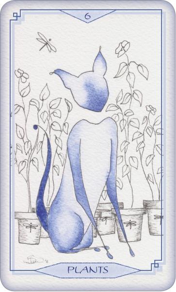 A stylized Siamese cat sits among potted plants as a dragonfly hovers above in this delicate, whimsical “6 PLANTS” card illustration from the Bleu Cat Tarot by Schiffer Publishing, Ltd.
