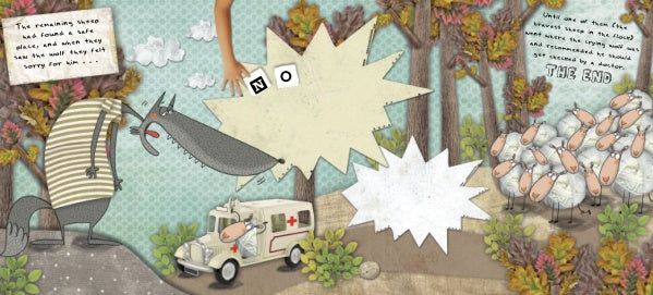 The Hungry Wolf by Schiffer Publishing, Ltd. features a hospital-gowned wolf, ambulance, sheep under trees, and a NO sign in text bubbles. Set against a whimsical forest scene—ideal for creative activity books.