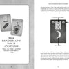 Two pages from The Art of Lenormand Reading by Schiffer Publishing, Ltd.: the left page features two illustrated cards and a chapter title; the right page presents a sample card with labeled parts and detailed card structure explanations.
