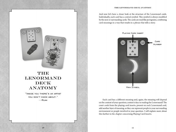 Two pages from The Art of Lenormand Reading by Schiffer Publishing, Ltd.: the left page features two illustrated cards and a chapter title; the right page presents a sample card with labeled parts and detailed card structure explanations.