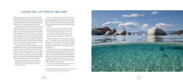 A magazine spread from Schiffer Publishing, Ltd.’s Clarity features "Looking Up From Below" text on the left and a split-level photo on the right, showing Lake Tahoe’s rocks above and below crystal-clear water beneath a blue sky.