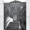 A black-and-white photo depicts the overgrown entrance to the closed Hillhaven nursing home, featured in Schiffer Publishing, Ltd.'s "Paranormal Missouri" for its eerie presence and ghost stories.